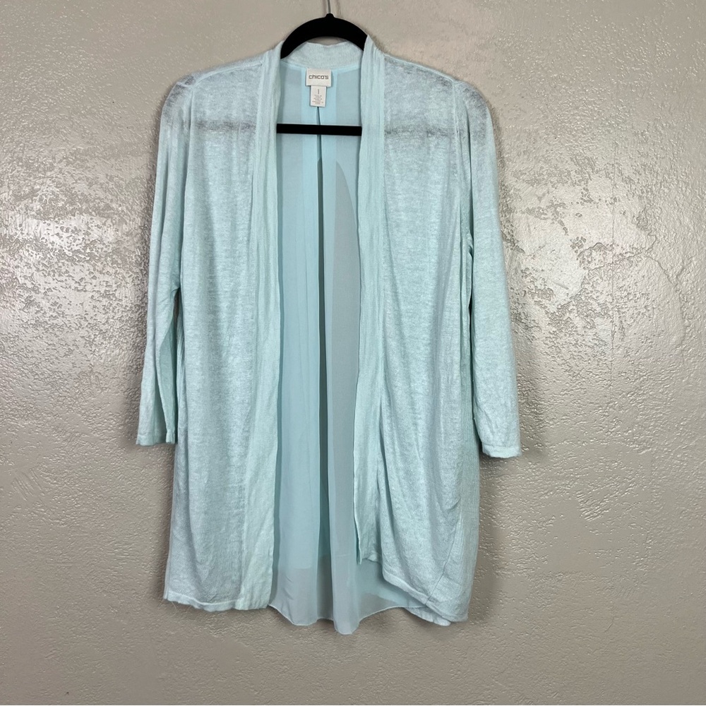 Chicos Linen Cardigan Womens Size‎ 1 Blue Open Front Long Sleeve
